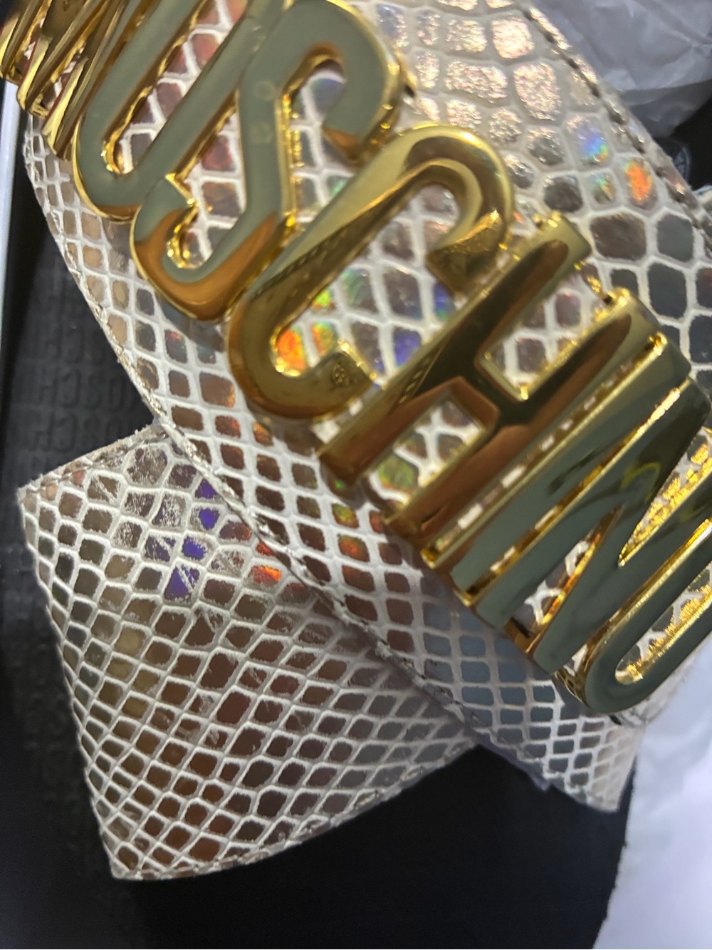 Moschino Iridescent Snake-Print Slides with Gold Logo - Picture 8 of 8